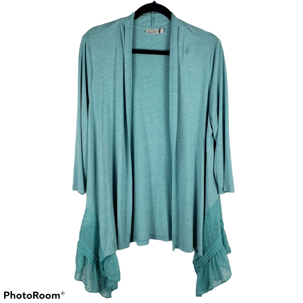 LOGO Green Swiss Dot Ruffle Open Cardigan Sz L Soft teal color
